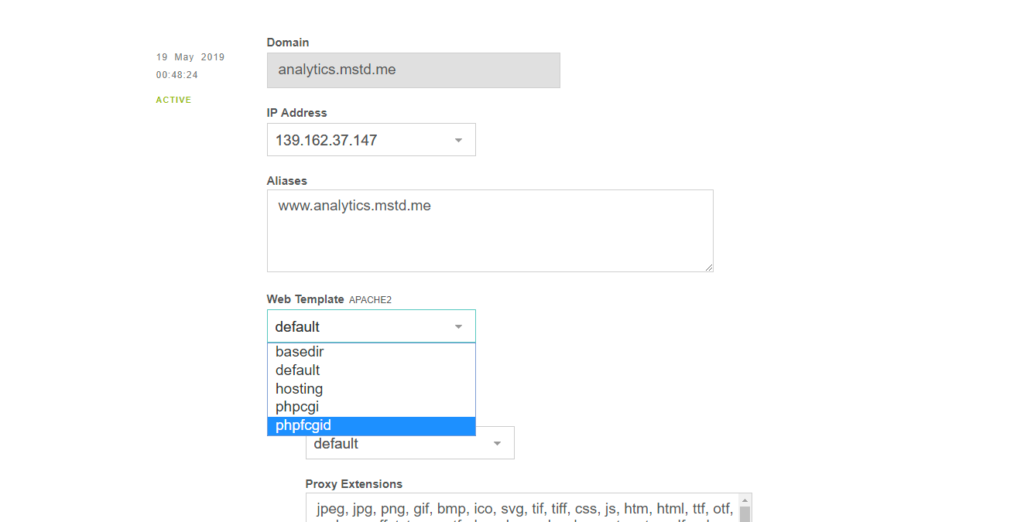 Change web template option to Install Matomo using VestaCP