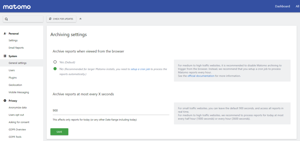 matomo archiving settings