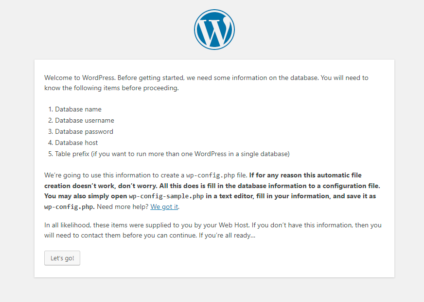 Wordpress welcome page