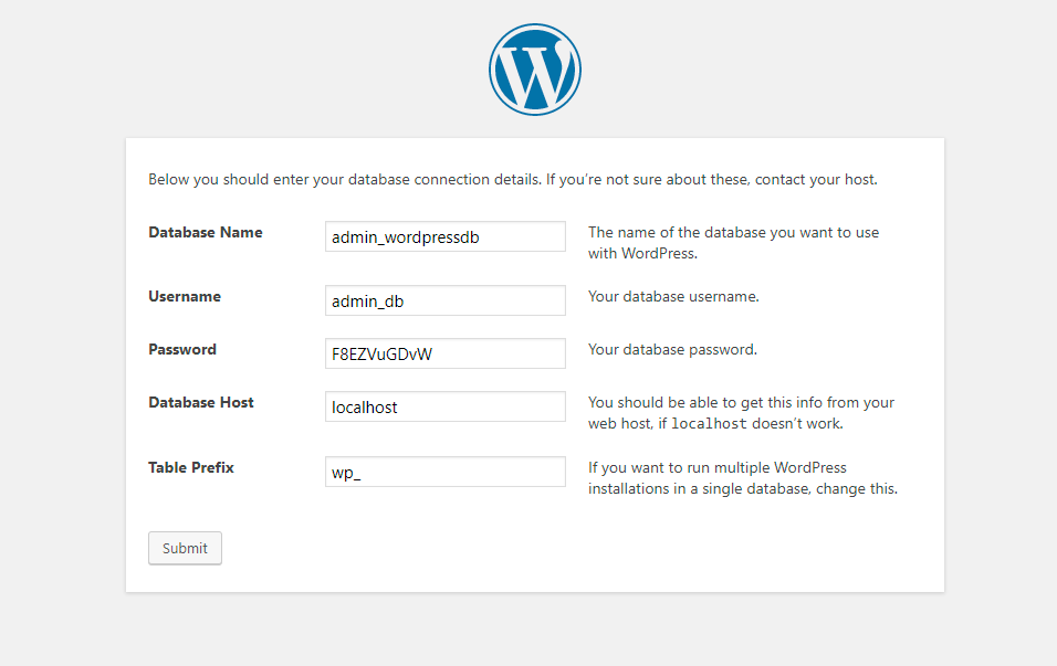 wordpress database config