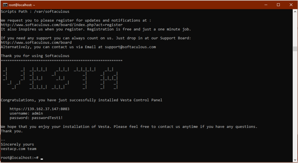 vestacp installation complete