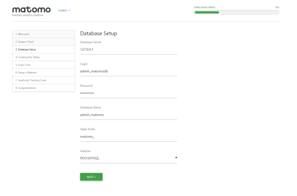 matomo database setup to Install Matomo using VestaCP