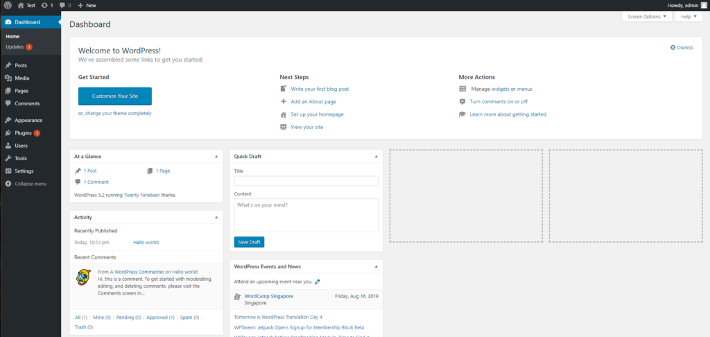 Install WordPress using VestaCP complete, view wordpress dashboard