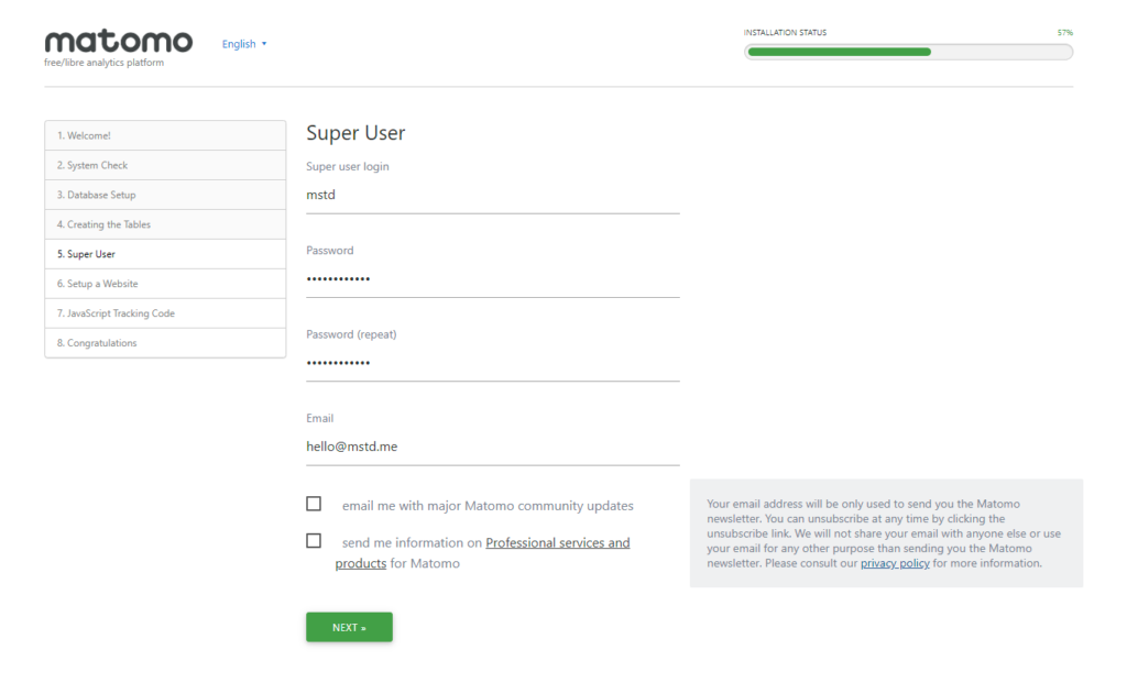 matomo setup super user