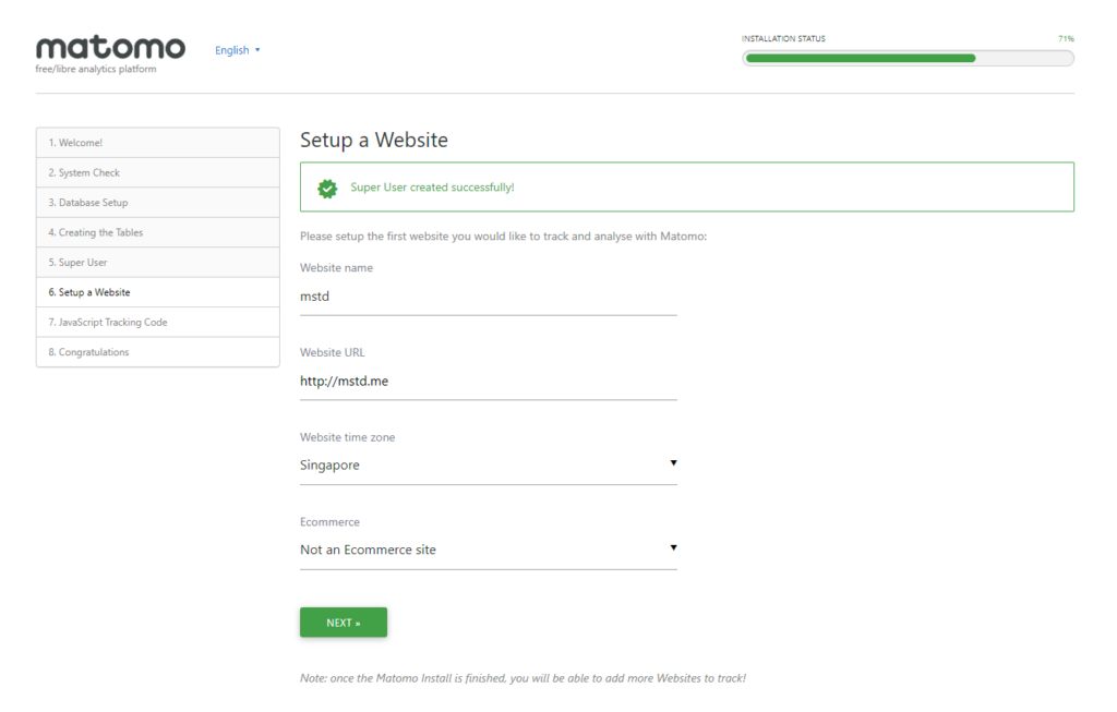 matomo setup first website