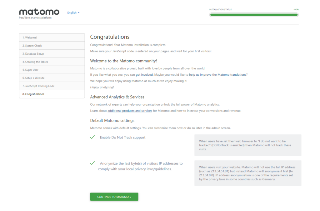 Finish setup matomo