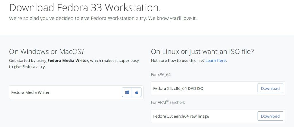 How to install Fedora 33, first download an ISO