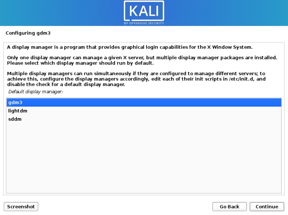 kali installer choose a display manager