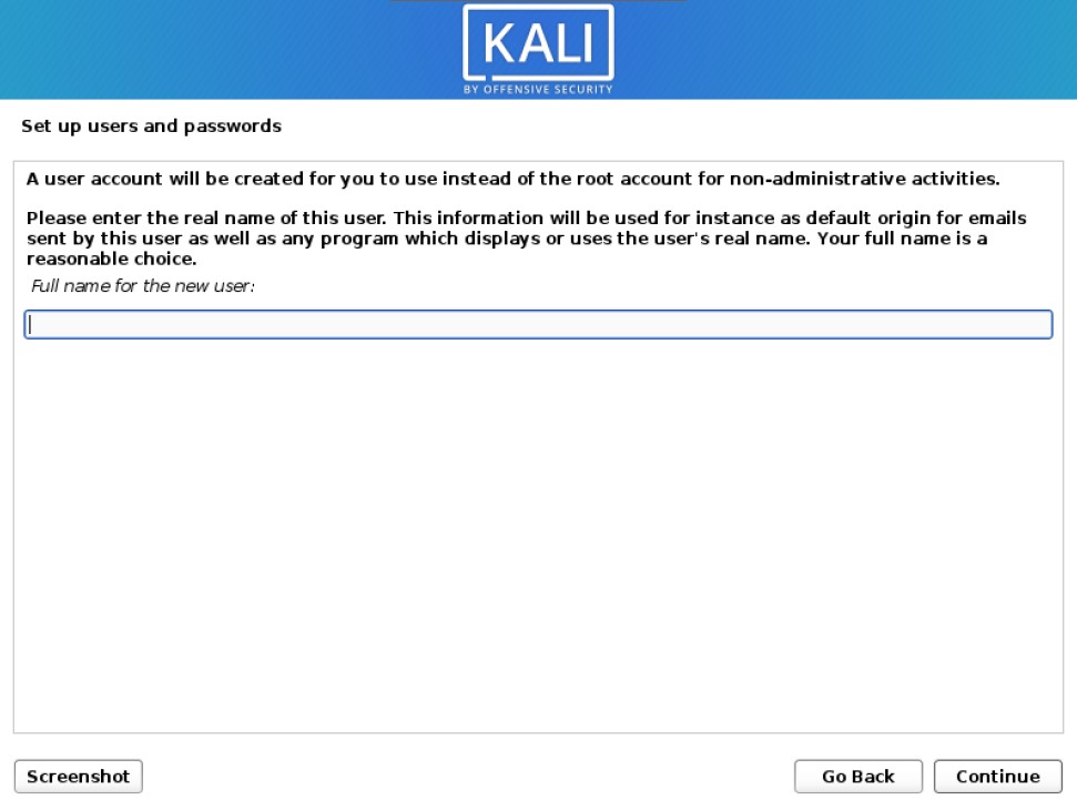 kali installer create user