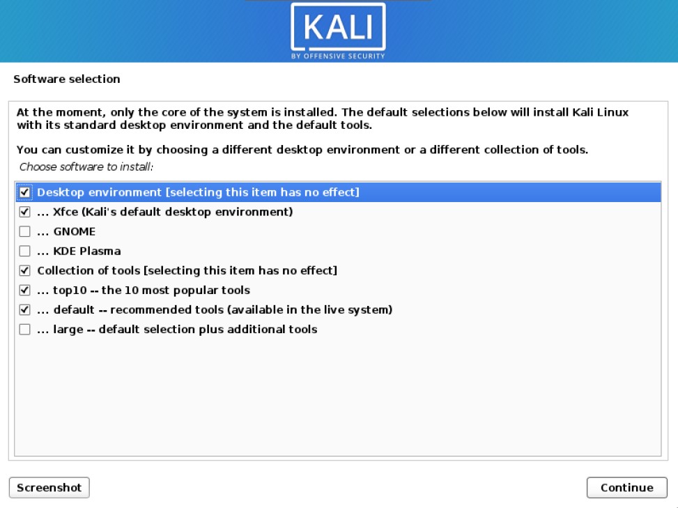 install kali linux software selection