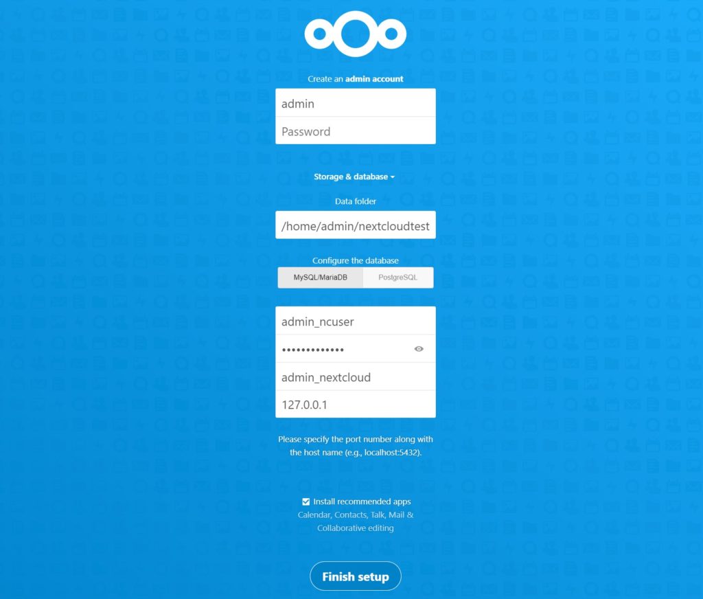 nextcloud admin account and database setup