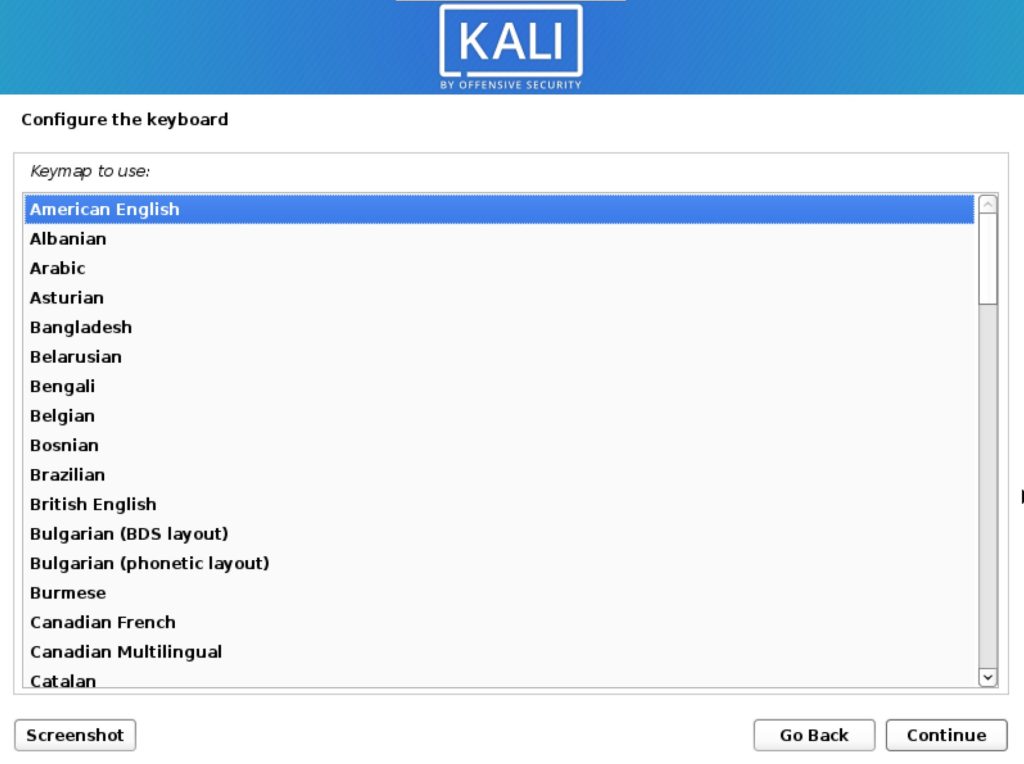 kali installer choose language