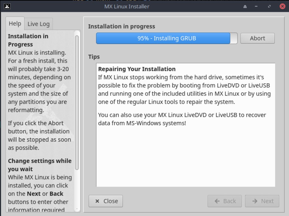 MX Linux 19.3 finalizing installation