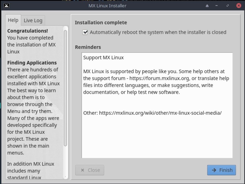 MX Linux 19.3 finish installation and reboot