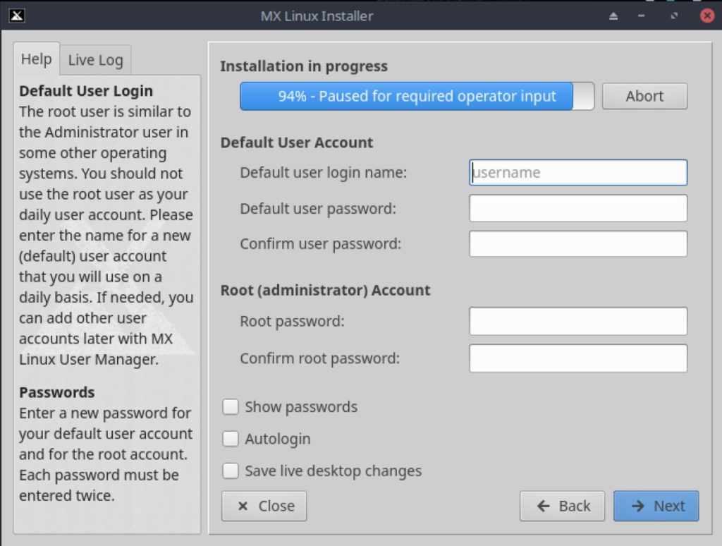 MX Linux 19.3 installer User accounts and passwords