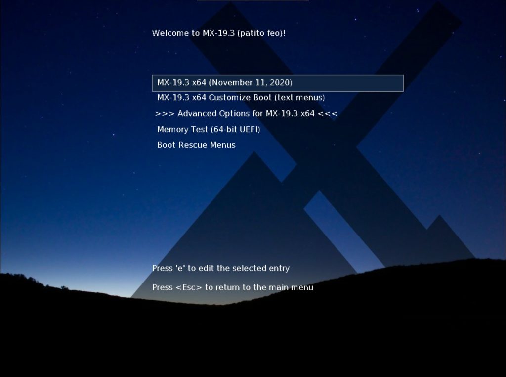  MX Linux 19.3 installer boot menu