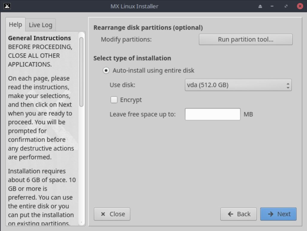 MX Linux 19.3 partitioning