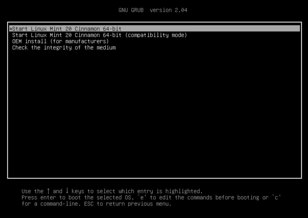 how to install linux mint 20: boot menu