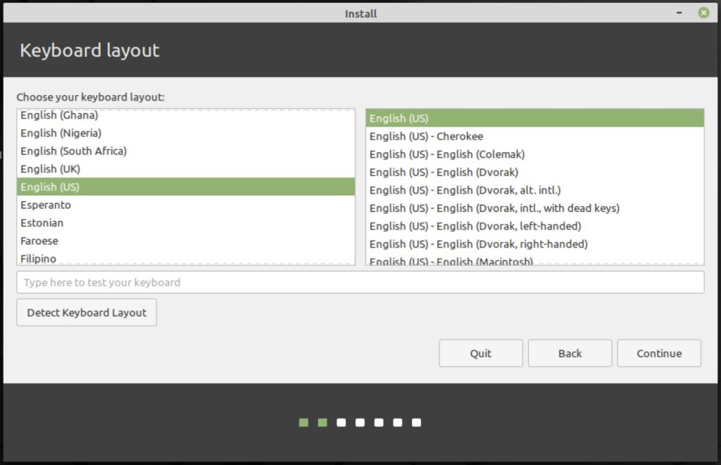 how to install linux mint 20: keyboard layout