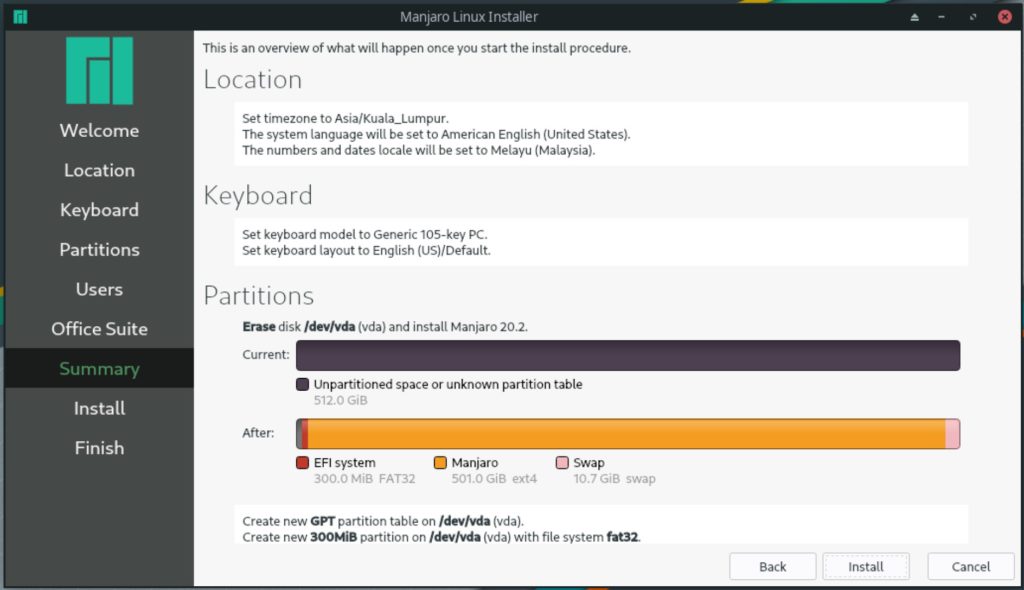 manjaro linux 20.2 nibia installer summary