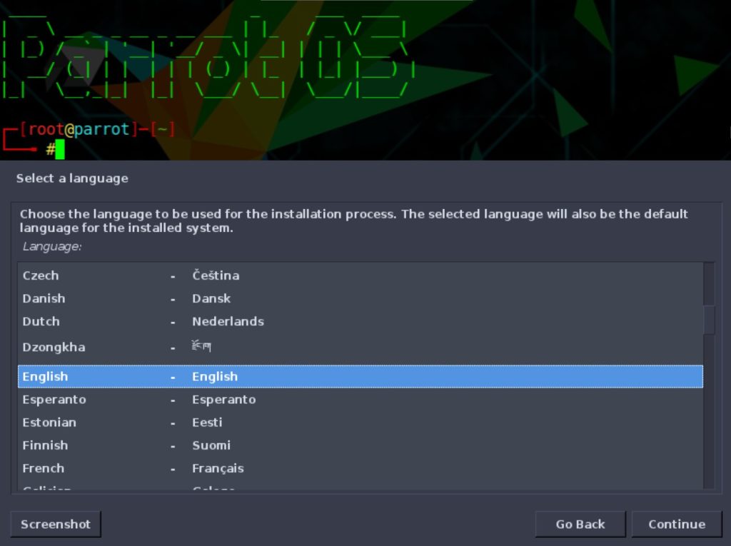 parrotos installer language