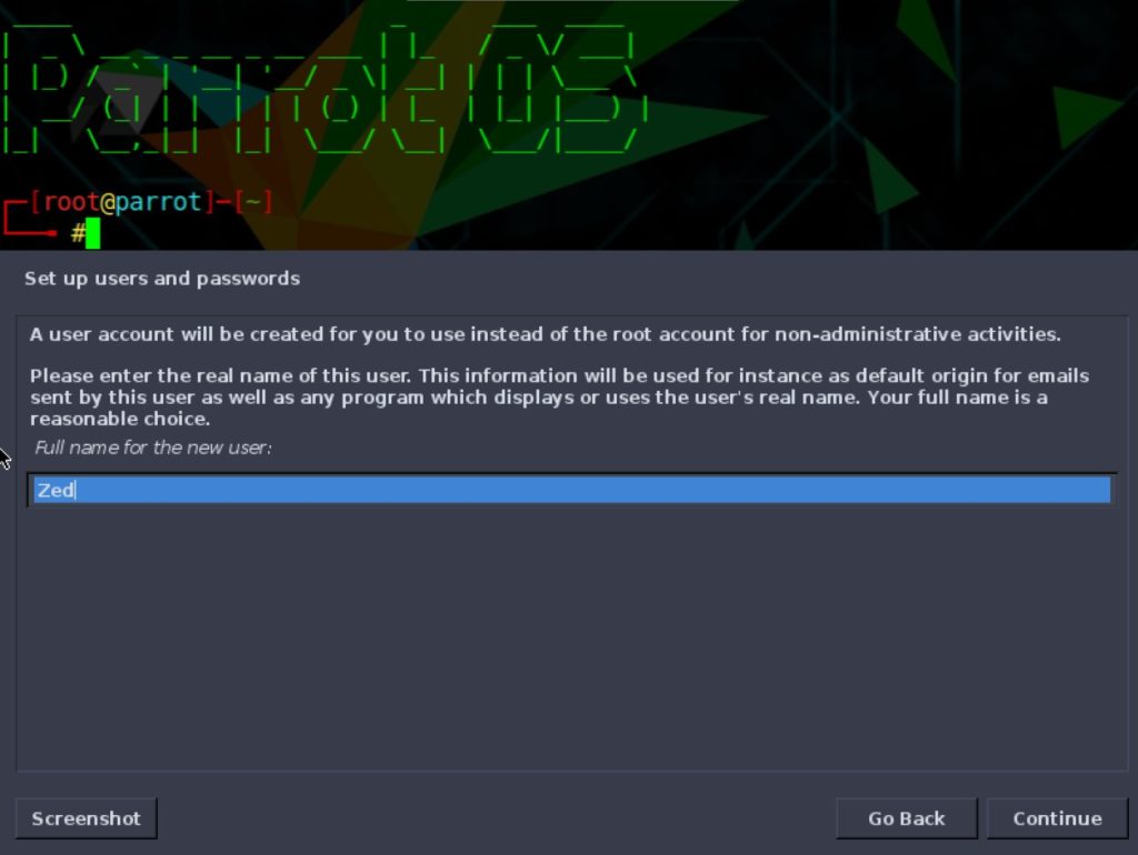 parrotos installer user accounts