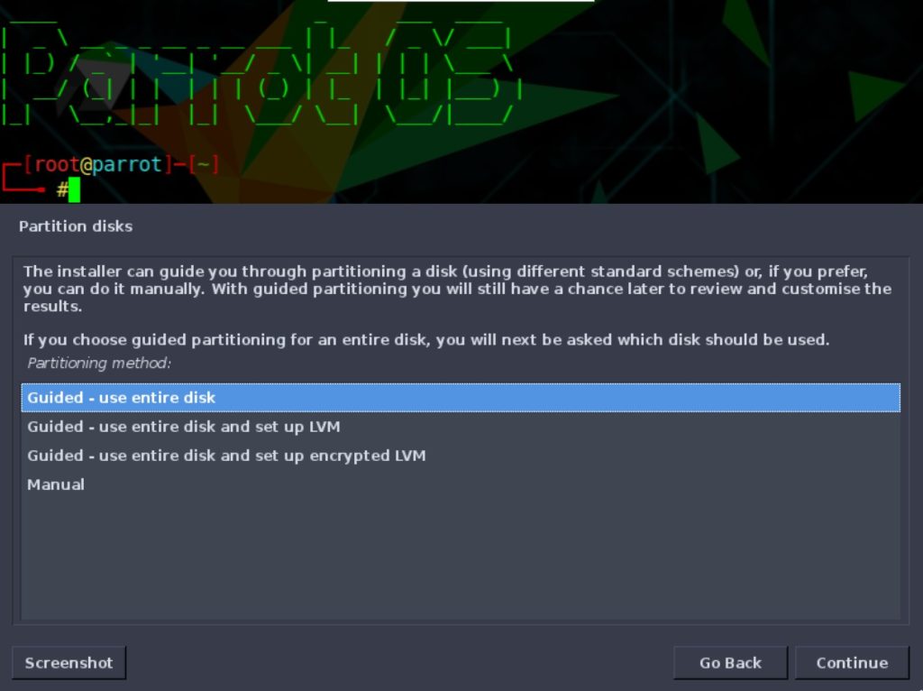 How to install ParrotOS 4.10: partition disks